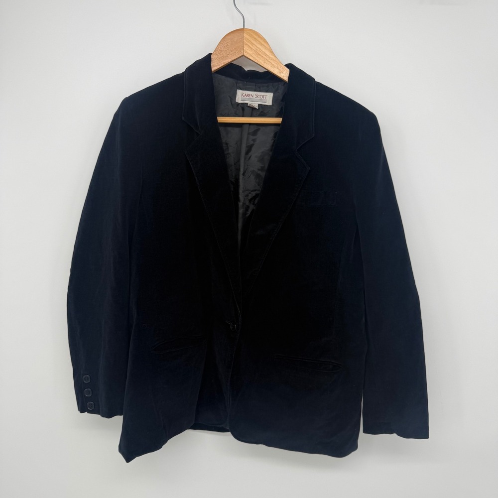Karen Scott 90s Black Cotton Velvet Blazer Japan Origins Goth Office Siren Sz 16